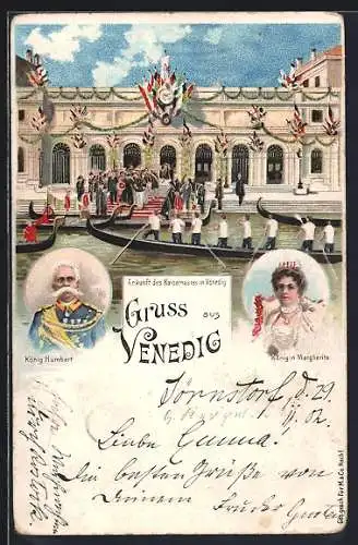 Lithographie Venedig, Ankunft des Kaiserpaares, König Humbert & Königin Margherita