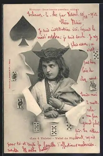 AK Junge im Spielkarten-Passepartout, Pik-Bube, Horoscope: Jeune homme querreleur, méchant