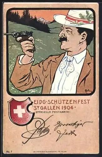 Lithographie St. Gallen, Eidg. Schützenfest 1904, Schütze mit Pistole