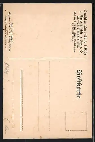 Künstler-AK Linz a. D., 1. Bundesturnfest 1922, Aufmarsch zu den allgemeinen Freiübungen im Gewittersturm