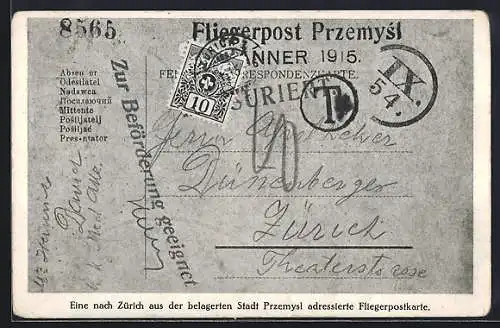 AK Zürich, Briefmarken-Ausstellung 1915, aus Przemysl nach Zürich adressierte Fliegerpostkarte