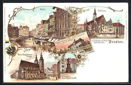 Lithographie Breslau, Markt, Rathaus, Maria-Magdalenenkirche