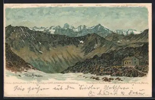 Künstler-AK F.A.C.M. Reisch: Similaun-Hütte, Berghütte mit Blick a. d. Ortlergruppe