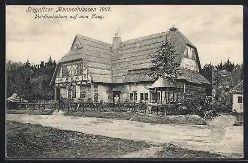 AK Liegnitz, Mannschiessen 1907, Waldkretscham auf dem Haag