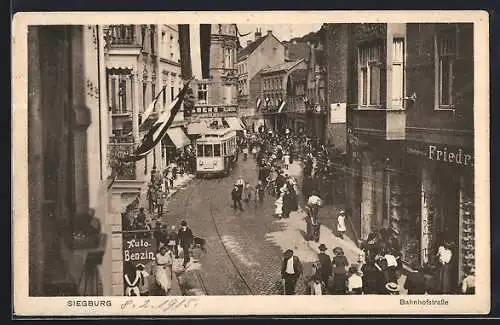 AK Siegburg, belebte Bahnhofstrasse, Strassenbahn