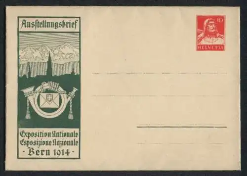 Ausstellungsbrief Bern, Exposition Nationale 1914, Posthorn und Berglandschaft, Ganzsache