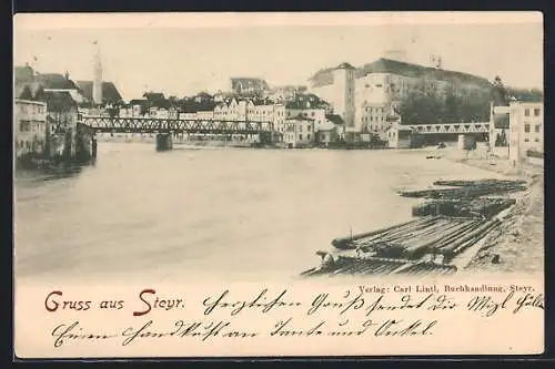 AK Steyr, Teilansicht mit Brücke über die Enns