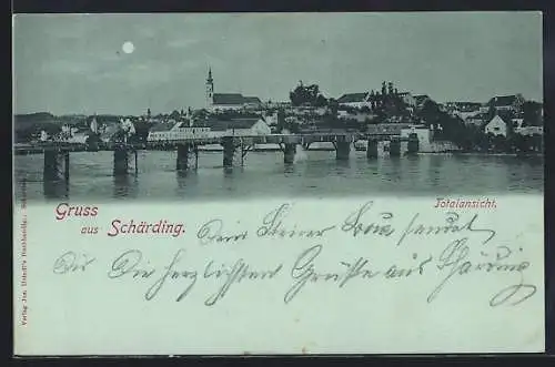 Mondschein-AK Schärding, Totalansicht mit Brücke