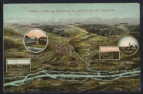 AK Altheim /O.-Oe, Ortsansicht u. Umgebung mit dem Inn aus der Vogelschau