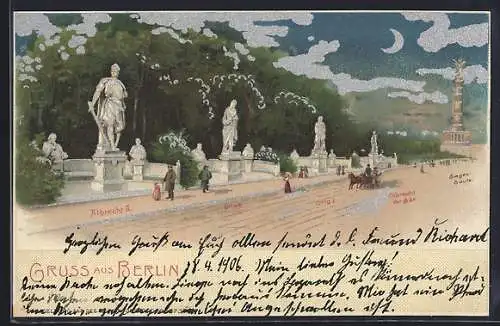 Lithographie Berlin-Tiergarten, Denkmäler Otto I., Albrecht der II. Albrecht der Bär und Blick auf die Siegessäule