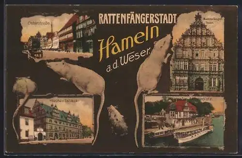 AK Hameln a. d. Weser, Osterstrasse, Hochzeitshaus, Rattenfängerhaus, Dampfer Anlegeplatz