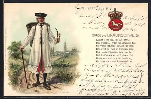 Lithographie Braunschweig, Bortfelder Bauer in Tracht