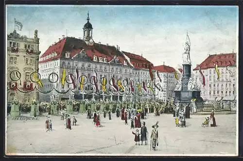 Künstler-AK Dresden, der Altmarkt mit dem alten Rathaus im Festschmuck 1912