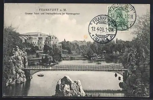 AK Frankfurt-Westend, Grosser Teich und Drahtseilbrücke im Palmengarten