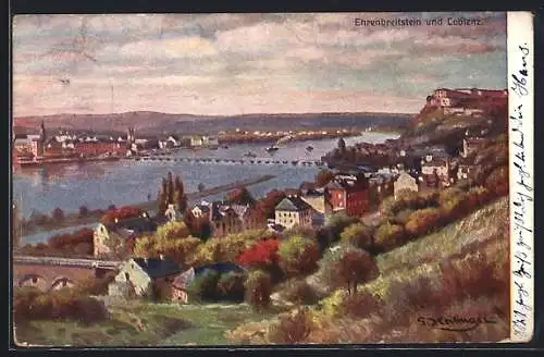 Künstler-AK Ehrenbreitstein, Blick auf die Feste und Koblenz