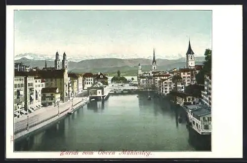 AK Zürich, Ortsansicht vom Obern Mühlesteg, mit Bergpanorama