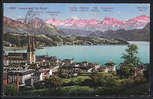 AK Luzern, Ortsansicht mit See und Alpen aus der Vogelschau