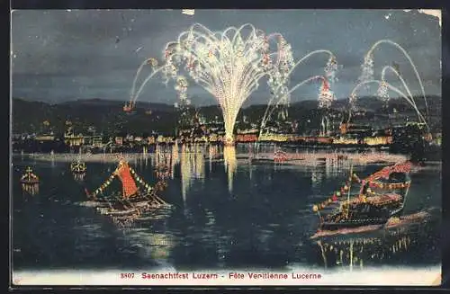 AK Luzern, Seenachtfest, Panorama mit geschmückten Booten und Feuerwerk