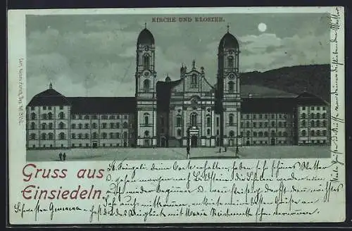 Mondschein-Lithographie Einsiedeln, Kirche und Kloster