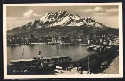 AK Luzern, Hafenpartie mit Pilatus, Strassenbahn