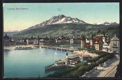 AK Luzern, Hafenpartie mit Dampfer und Pilatus