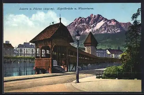 AK Luzern, Kapellbrücke mit Wasserturm & Pilatus