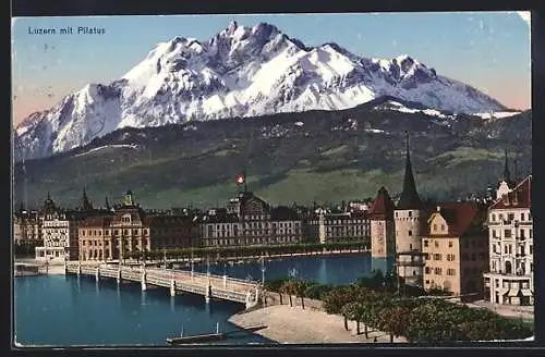 AK Luzern, Ortspartie mit Brücke und Pilatus