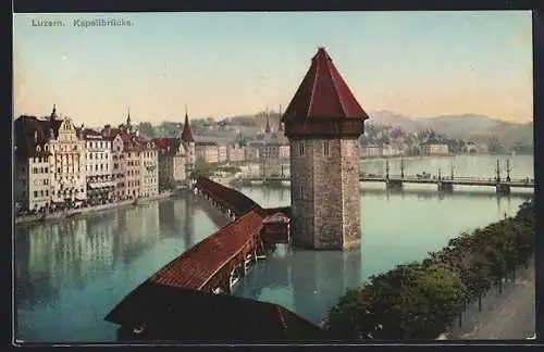 AK Luzern, Kapellbrücke mit Stadtpanorama