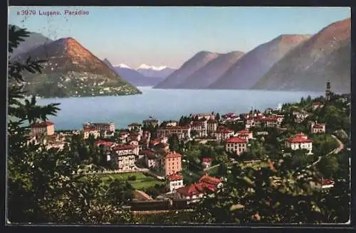 AK Lugano, Paradiso, Ortsansicht mit See und Bergpanorama aus der Vogelschau