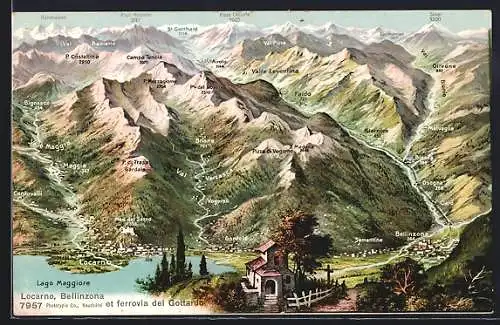 Künstler-AK Locarno, Locarno, Bellinzona et ferrovia del Gottardo