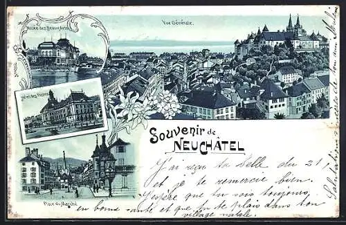 Mondschein-Lithographie Neuchatel, Hotel des Postes, Place du Marché, Vue Generale