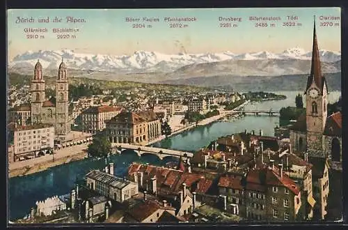 AK Zürich, Totalansicht mit Brücken und Alpen aus der Vogelschau