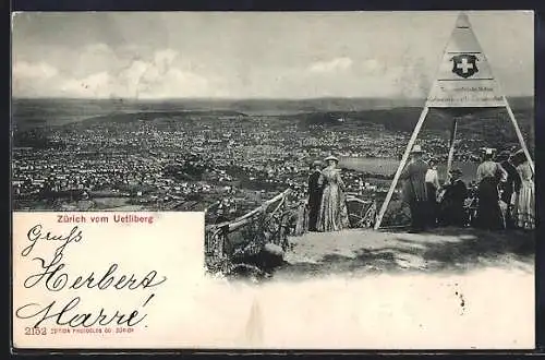 AK Zürich, Gesamtansicht vom Uetliberg, mit Holzbau der Schweizerischen Eidgenossenschaft