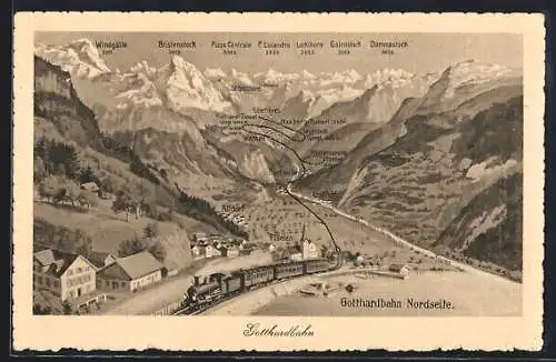 Künstler-AK Flüelen, Gotthardbahn, Nordseite mit Flüelen, Altdorf und Bristenstock-Panorama