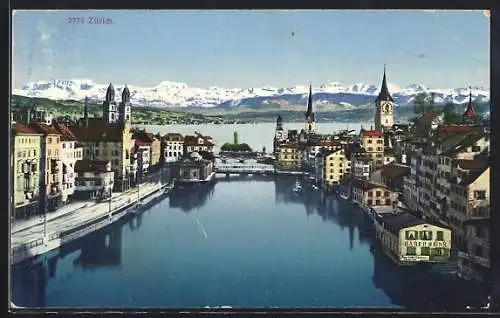 AK Zürich, Teilansicht mit Brücke, See und Alpenpanorama