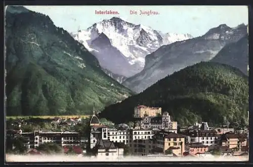 AK Interlaken, Ortspanorama mit Jungfrau