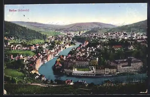 AK Baden /Schweiz, Totalansicht mit Fluss und Bergen aus der Vogelschau