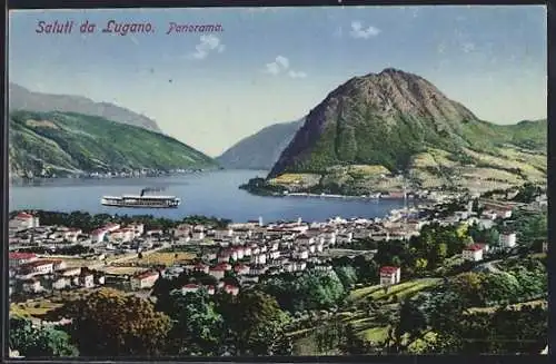 AK Lugano, Panorama mit Bergen u. Dampfer aus der Vogelschau