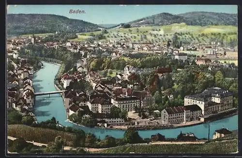 AK Baden, Totalansicht mit Brücke und Bergpanorama