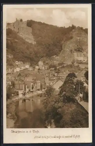 AK Oberstein an der Nahe, Ortsansicht mit Felsenkirche und Schloss aus der Vogelschau