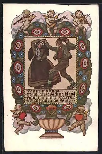 AK Deutscher Schulverein: Tanzendes Paar im Blumenrahmen mit musizierenden Engeln, Wappen Deutscher Schulverein