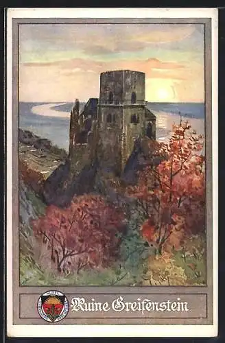 Künstler-AK Greifenstein, Burgruine an einem milden Herbstabend, Deutscher Schulverein