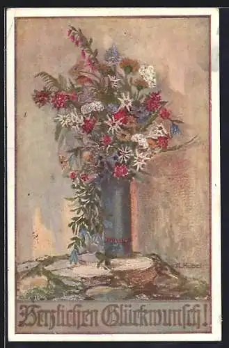 AK Deutscher Schulverein Nr. 1042: Bunter Strauss mit Edelweiss in einer Vase