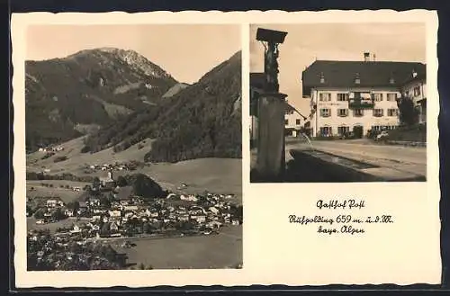 AK Ruhpolding, Gasthof Post, Blick über den Ort in den bayr. Alpen