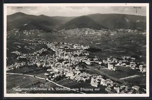 AK Maikammer-Alsterweiler a. d. Weinstrasse, Teilansicht mit Kalmit und Maxburg, Fliegeraufnahme