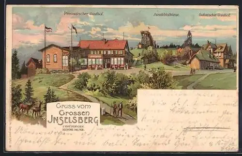 Lithographie Inselsberg / Thüringen, Gasthof Preussischer, Gasthof Gothaischer, Aussichtsturm