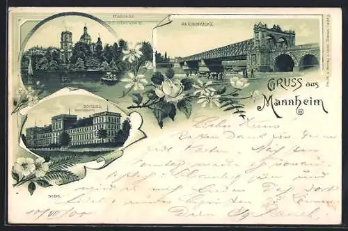 Lithographie Mannheim, Stadtpark mit Sternwarte, Schloss, Gartenseite, Rheinbrücke