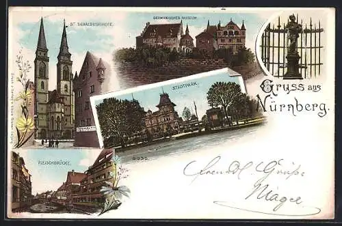 Lithographie Nürnberg, Stadtpark, Fleischbrücke, Germanisches Museum, St. Sebalduskirche