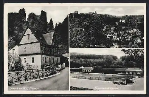 AK Grenzau, Totalansicht, Schwimmbad und Gasthof zur Burg