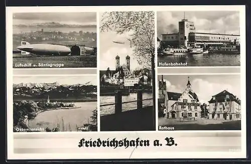 AK Friedrichshafen a. B., Zeppelin mit , Hafenbahnhof, Rathaus